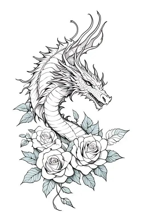 Dragon Flying And Roses Intertwined