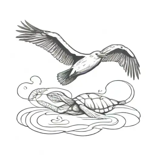 Pelican Flying And Turtle Swimming