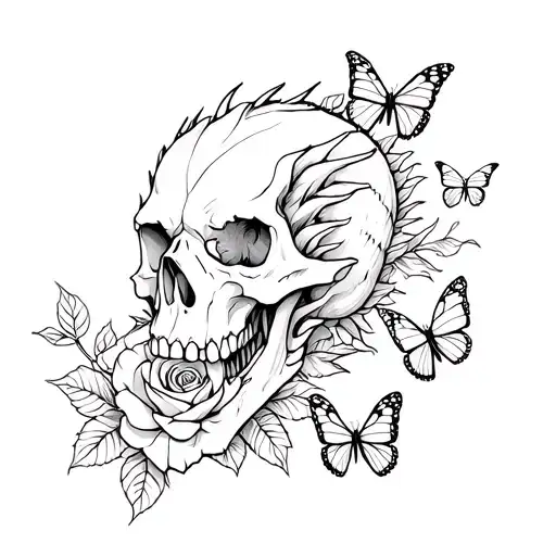 Dragon Skull And Roses And Butterflies