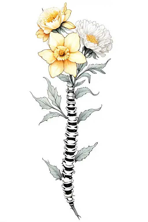Spine Tattoo With Carnation And Daffodil Flower Blooming