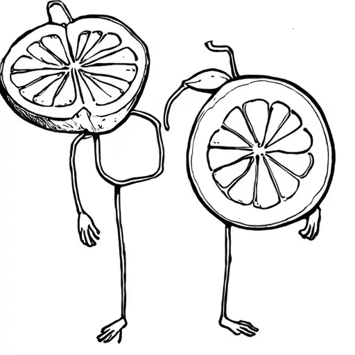 A Half Orange Fruit Black And White Drawing With Two Legs An Two Arms And A Happy Face