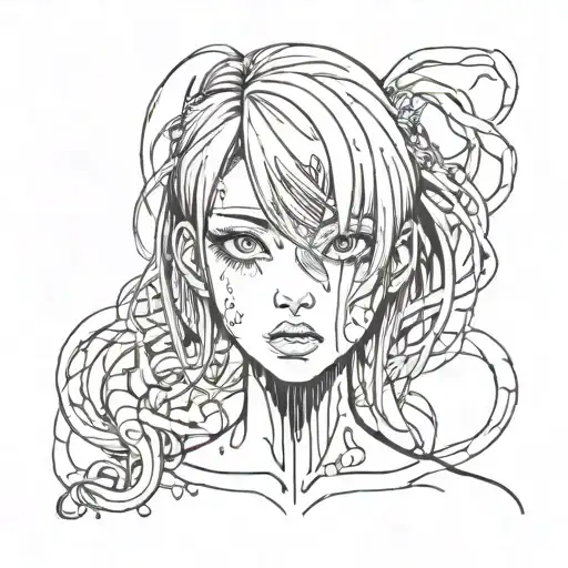 Black And White Anime Girl Character With Gore Junji Ito Style