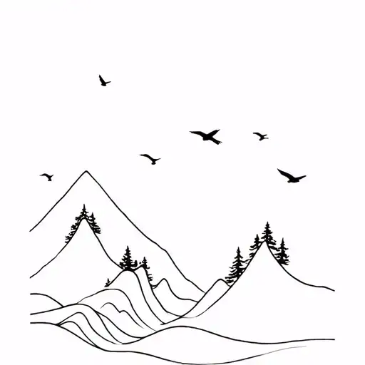 Waves In Front Of Mountains With Trees And Birds Flying