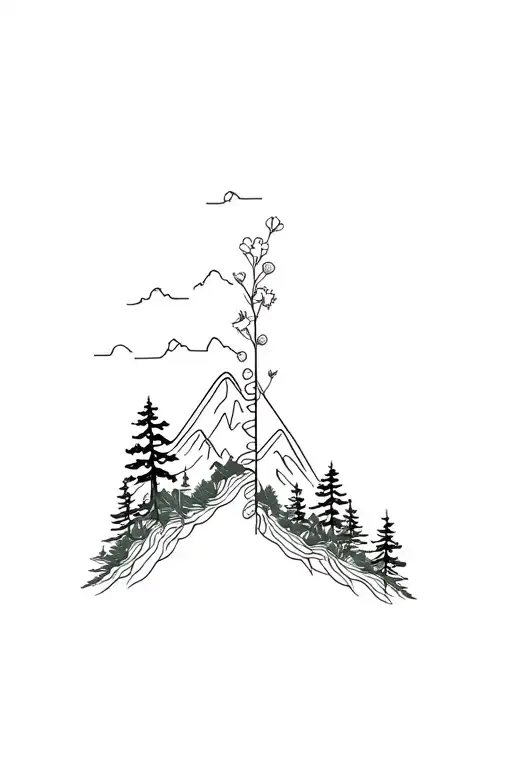 Fine Line Spine Tattoo With Flowers And Mountains Filled With Trees
