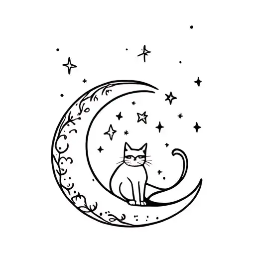 Cat Playing With Stars Sitting In Crescent Moon