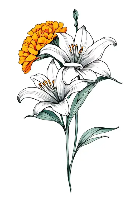 Lily Flowers Intertwined With Marigold Flowers