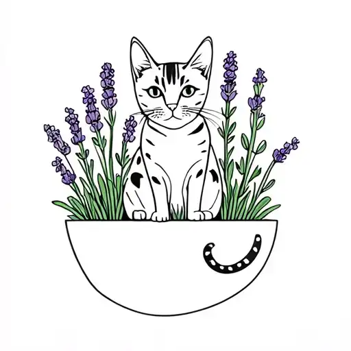 A Fine Line Tattoo Of A Tabby Cat Sitting In Lavender Plants