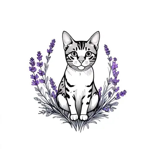 A Fine Line Tattoo Of A Tabby Cat Sitting With Lavender Surrounding The Cat