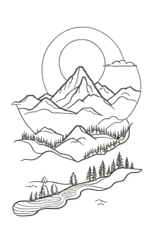 Sun Rising Over Mountains With Forrest And River Surrounded