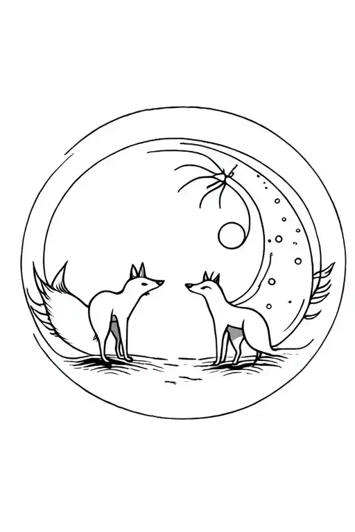 Two Foxes Chasing In A Circle Moon And Sun