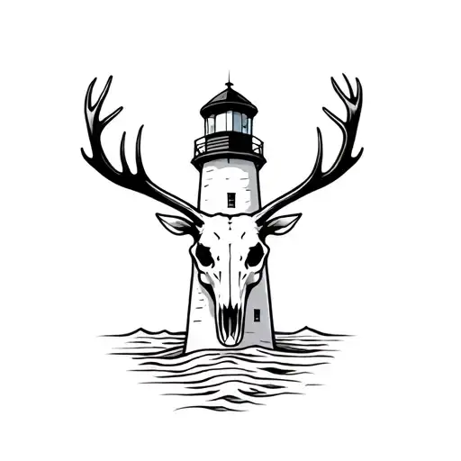 Lighthouse With Elk Skull With Antlers
