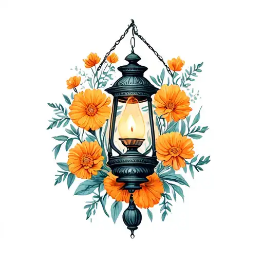 Hanging Vintage Lantern Surrounded By Delicate Marigold Flowers Candle