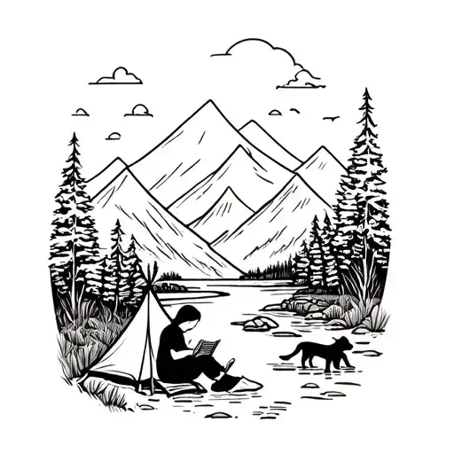 Tent Camping In The Mountains Along A Creek Where A Woman Is Reading And Has A Dog