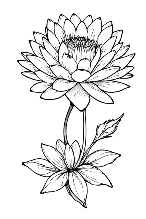 Water Lily Intertwined With A Chrysanthemum Flower
