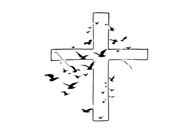 Christian Cross With Birds Flying