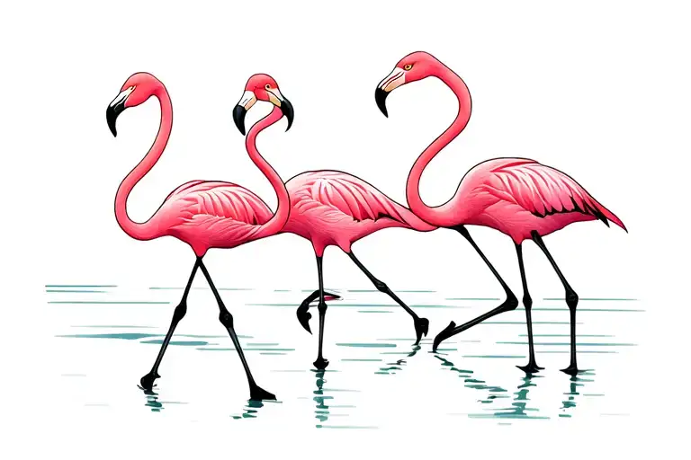 Flamingos Walking Along The Shoreline