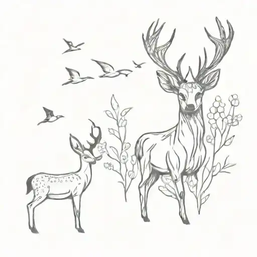 Deer Head And Birds Sitting