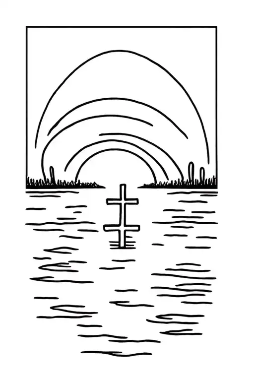Sunset On Water With Three Crosses At Edge Of Water