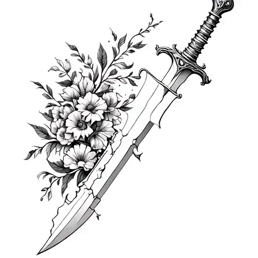Vertical Broken Dagger With A Lot Of Detail On The Handle Wrapped In Floral Design
