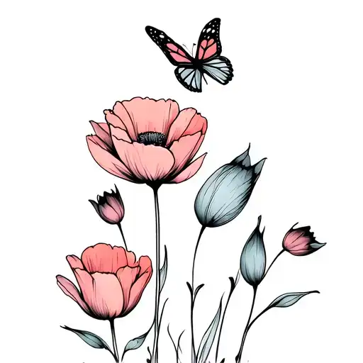 Poppies With Butterfly And Tulip