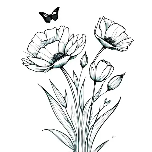 Poppies With Butterfly And Tulip