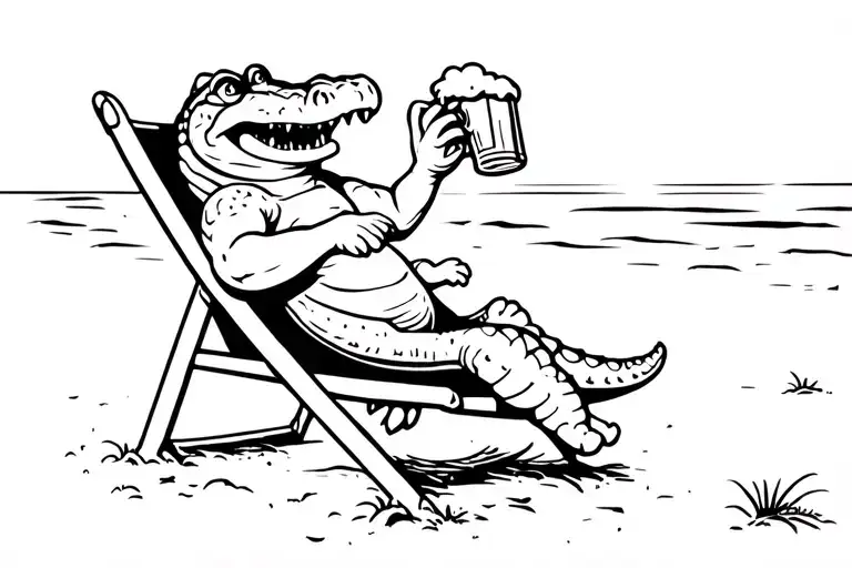 Cartoon Alligator Sitting On Beach Chair Drinking Beer