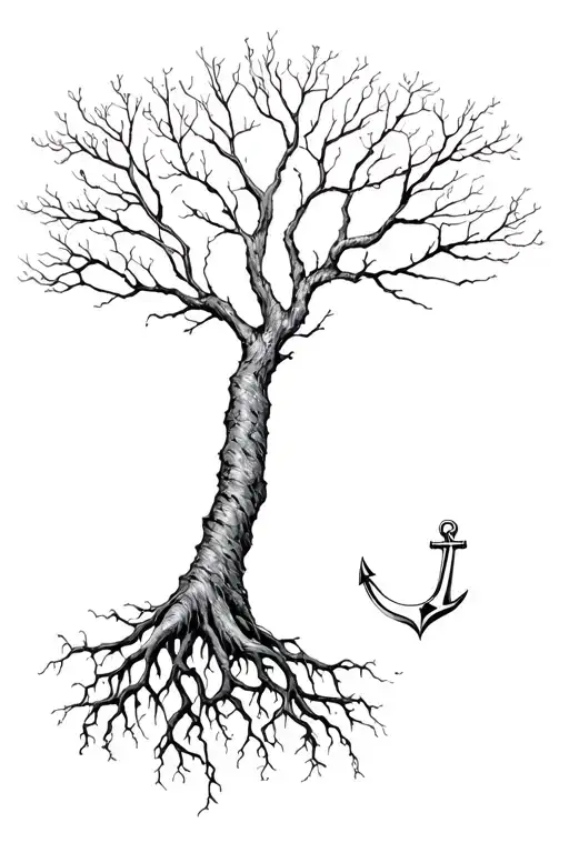 Tree With Many Branches And Deep Roots Incorporating An Anchor Into The Trunk And Roots Of The Tree