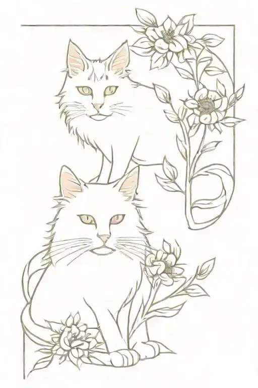 Maine Coon And White Cat In Flowers