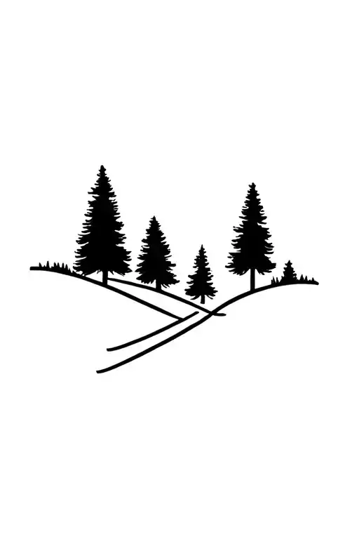 3 Evergreen Trees At The Top With Four Ski Lines Coming Out In A Shape