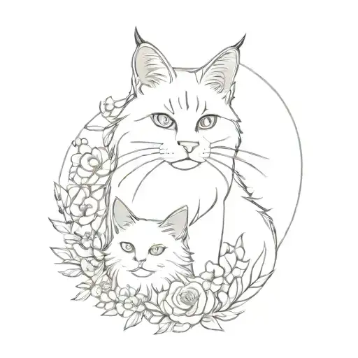 Grey Mainecoon And White Angora Cat In Flowers