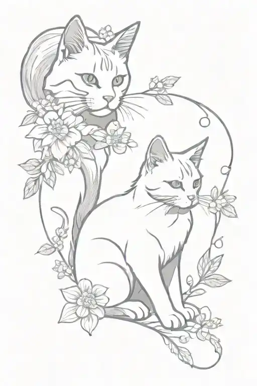 Gray Mainecoon And White Cat In Flowers