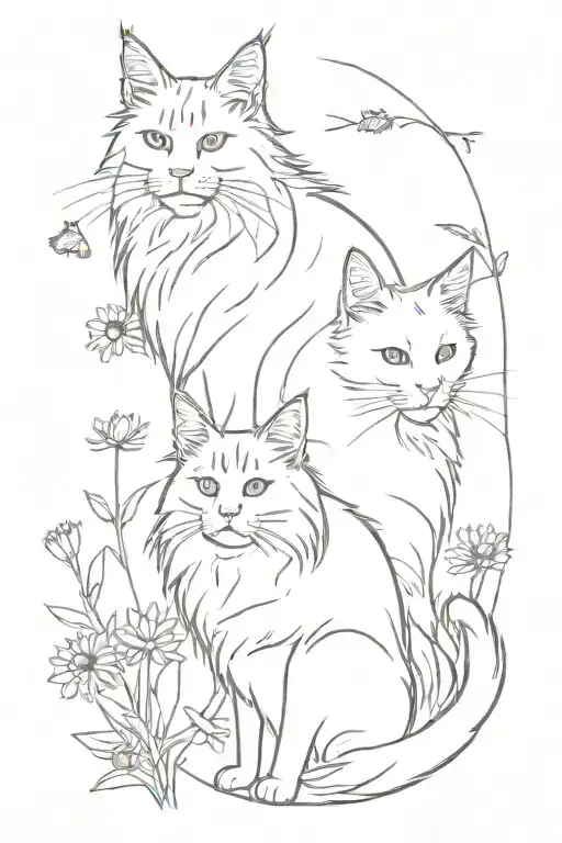 Maine Coon And White Cat In Daisies