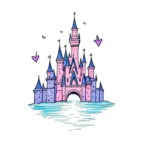 Dainty Disney Castle Tattoo With A Little Bit Of Color Like Purples Pinks And Blues Pastel