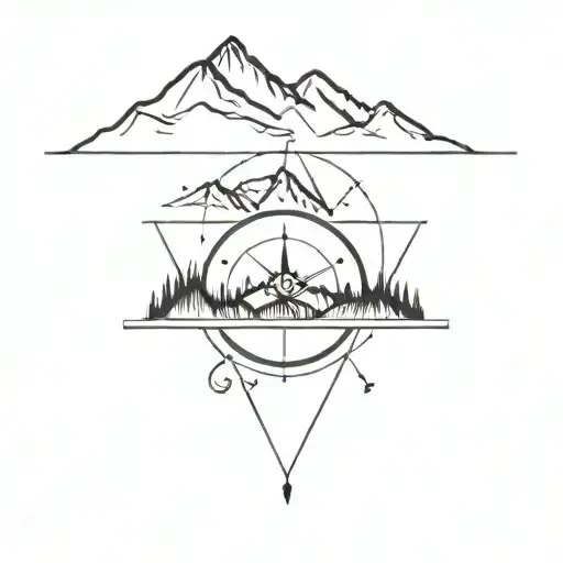 Minimalistic Lineart With Mountains And Compass