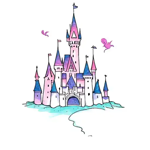 Dainty Disney Castle Tattoo With A Little Bit Of Color Like Purples Pinks And Blues Pastel