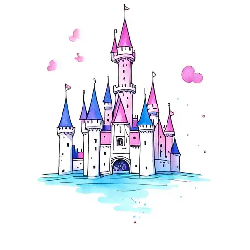 Dainty Disney Castle Tattoo With A Little Bit Of Color Like Purples Pinks And Blues Pastel