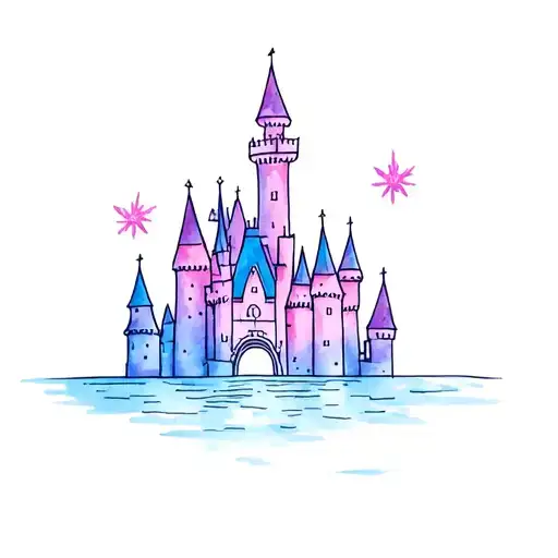Dainty Disney Castle Tattoo With A Little Bit Of Color Like Purples Pinks And Blues Pastel