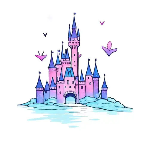 Dainty Disney Castle Tattoo With A Little Bit Of Color Like Purples Pinks And Blues Pastel