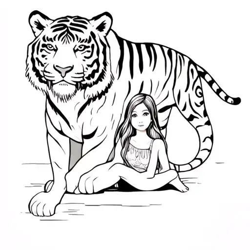 Baby Tiger Standing With Girl Sitting