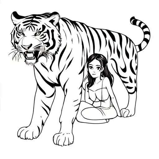 Angry Tiger Standing With Girl Sitting Inside