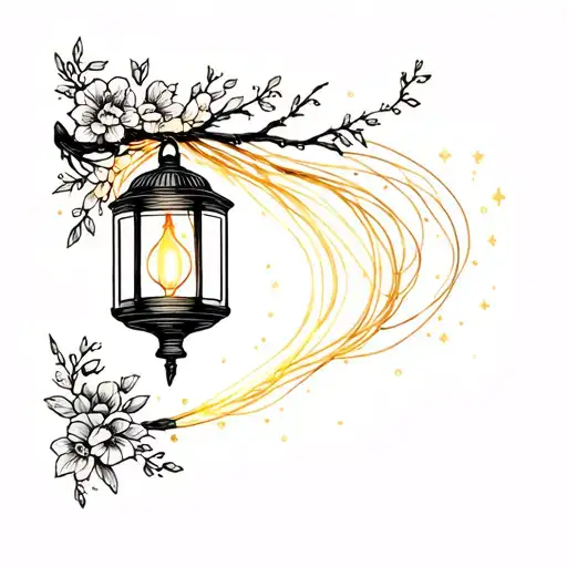Korean Style Tattoo Of Lantern With Glowing Light Inside With Delicate Light Trails And Sparkles