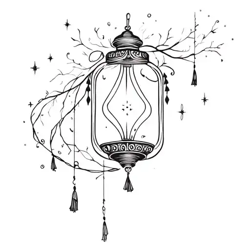 Korean Style Tattoo Of Lantern With Glowing Light Inside With Delicate Tassels Trails And Sparkles