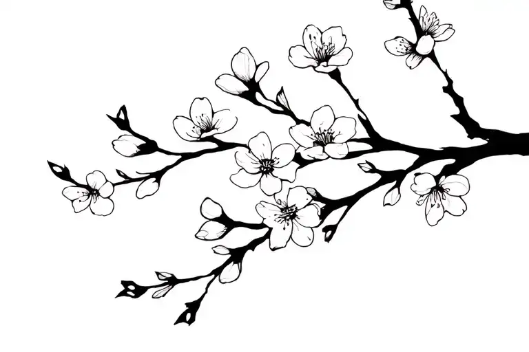 Cherry Blossom Flowers With Branch Black And White