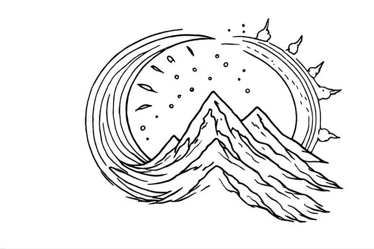 W Shaped Mountain With A Sun And A Moon Merging Together