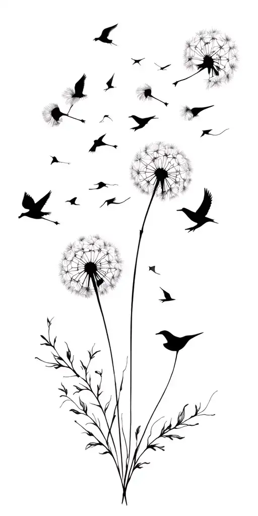 Dandelion With Flying Petals Converting Into Few Birds Tattoo From Wrist To Shoulder And Neck