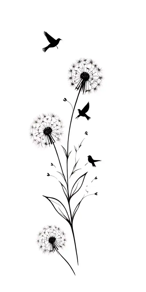Dandelion With Flowingpetals Converting Into Few Birds Tattoo From Wrist To Shoulder And Neck