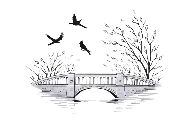 Bridge With Cardinals Flying And Leaf Wisps In The Air