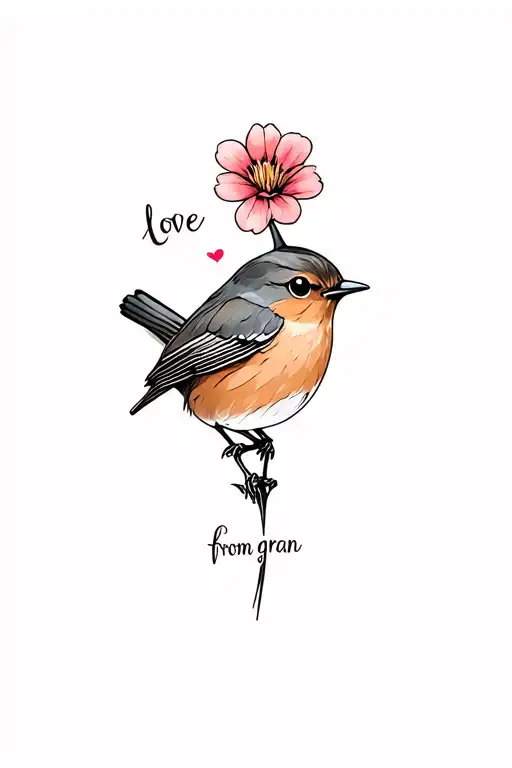 Small Robin With A Flower With Love From Gran Written On The Stem