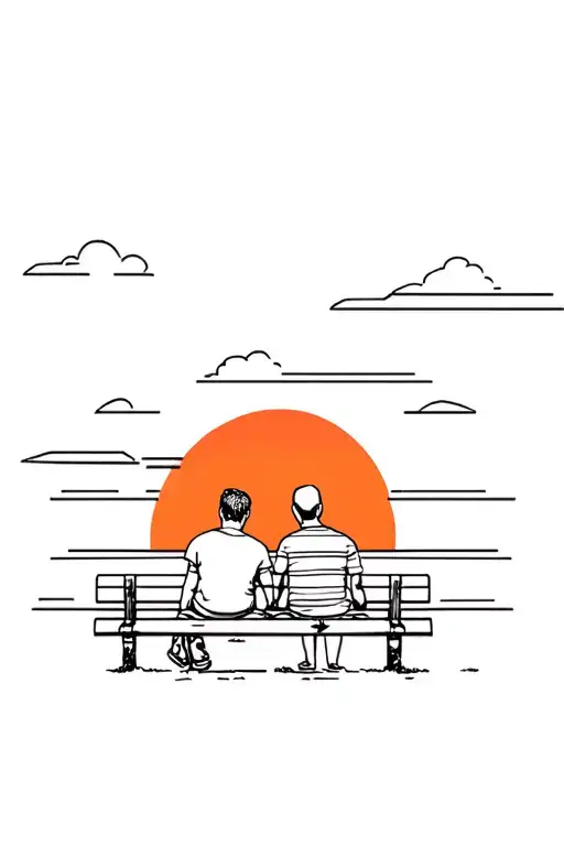 Sunset With Man And Back Child Sitting On A Bench