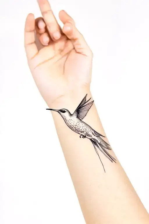 Wrap Around Tattoo On Fore Arm With A Humming Bird